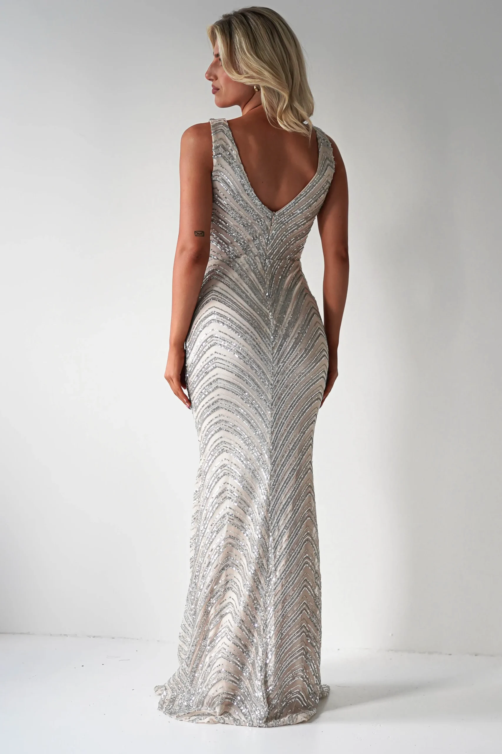 Julietta Sequin Bodycon Maxi Dress | Silver/Nude