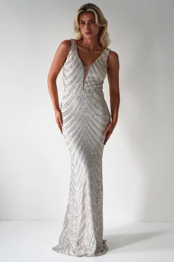 Julietta Sequin Bodycon Maxi Dress | Silver/Nude