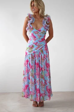 Karmen Ruffle Floral Midaxi Dress | Blue/Pink