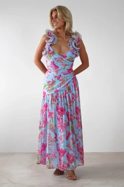 Karmen Ruffle Floral Midaxi Dress | Blue/Pink