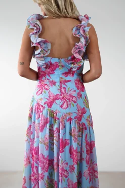Karmen Ruffle Floral Midaxi Dress | Blue/Pink