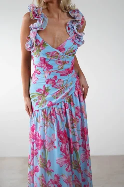 Karmen Ruffle Floral Midaxi Dress | Blue/Pink