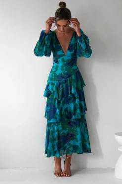 Kiyah Long Sleeve Maxi Dress | Green Print