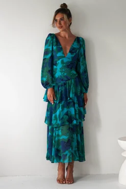 Kiyah Long Sleeve Maxi Dress | Green Print