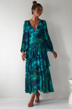 Kiyah Long Sleeve Maxi Dress | Green Print