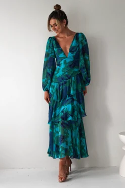 Kiyah Long Sleeve Maxi Dress | Green Print