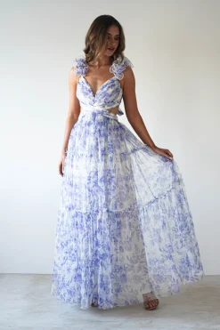 Lauren Floral Tulle Maxi Dress | Blue/White