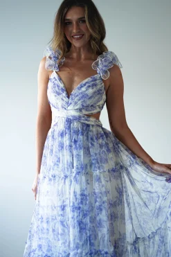 Lauren Floral Tulle Maxi Dress | Blue/White