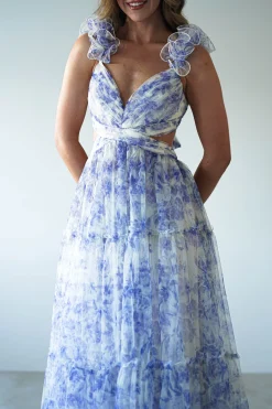 Lauren Floral Tulle Maxi Dress | Blue/White