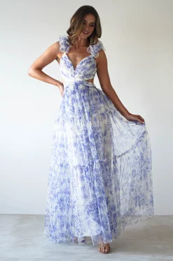 Lauren Floral Tulle Maxi Dress | Blue/White