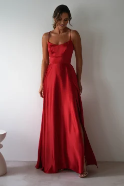 Leelie Silky Satin Maxi Gown | Red