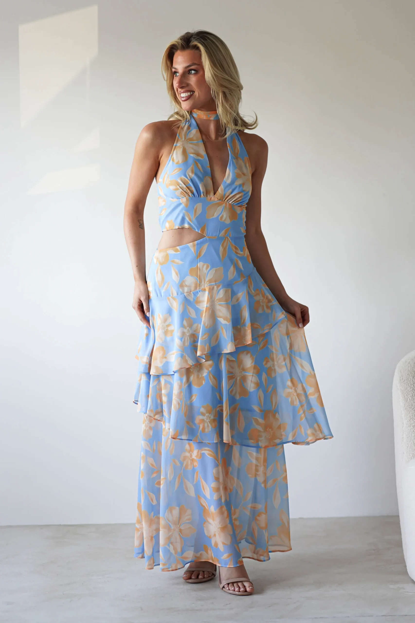 Lohan Ruffle Floral Maxi Print Dress | Blue
