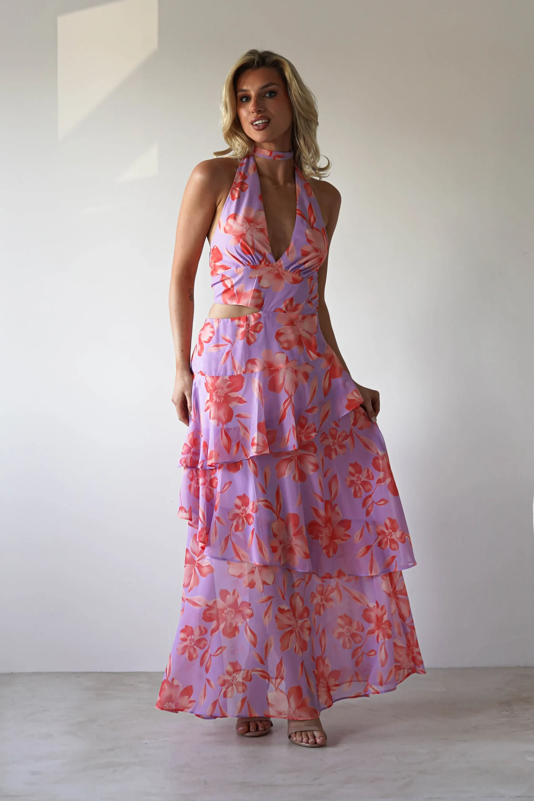 Lohan Ruffle Floral Maxi Print Dress | Lilac