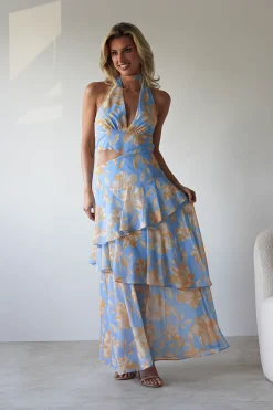 Lohan Ruffle Floral Maxi Print Dress | Blue