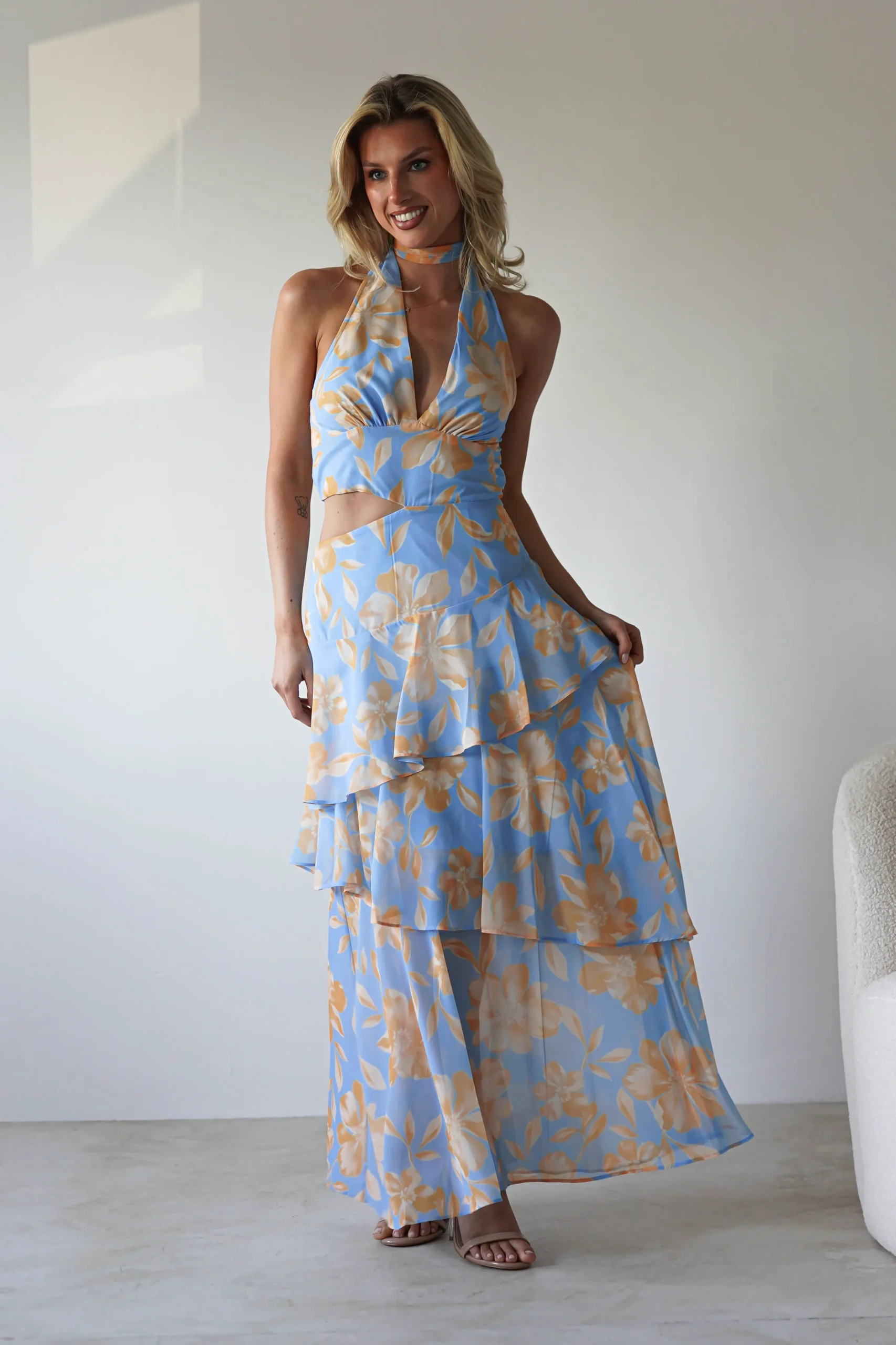 Lohan Ruffle Floral Maxi Print Dress | Blue