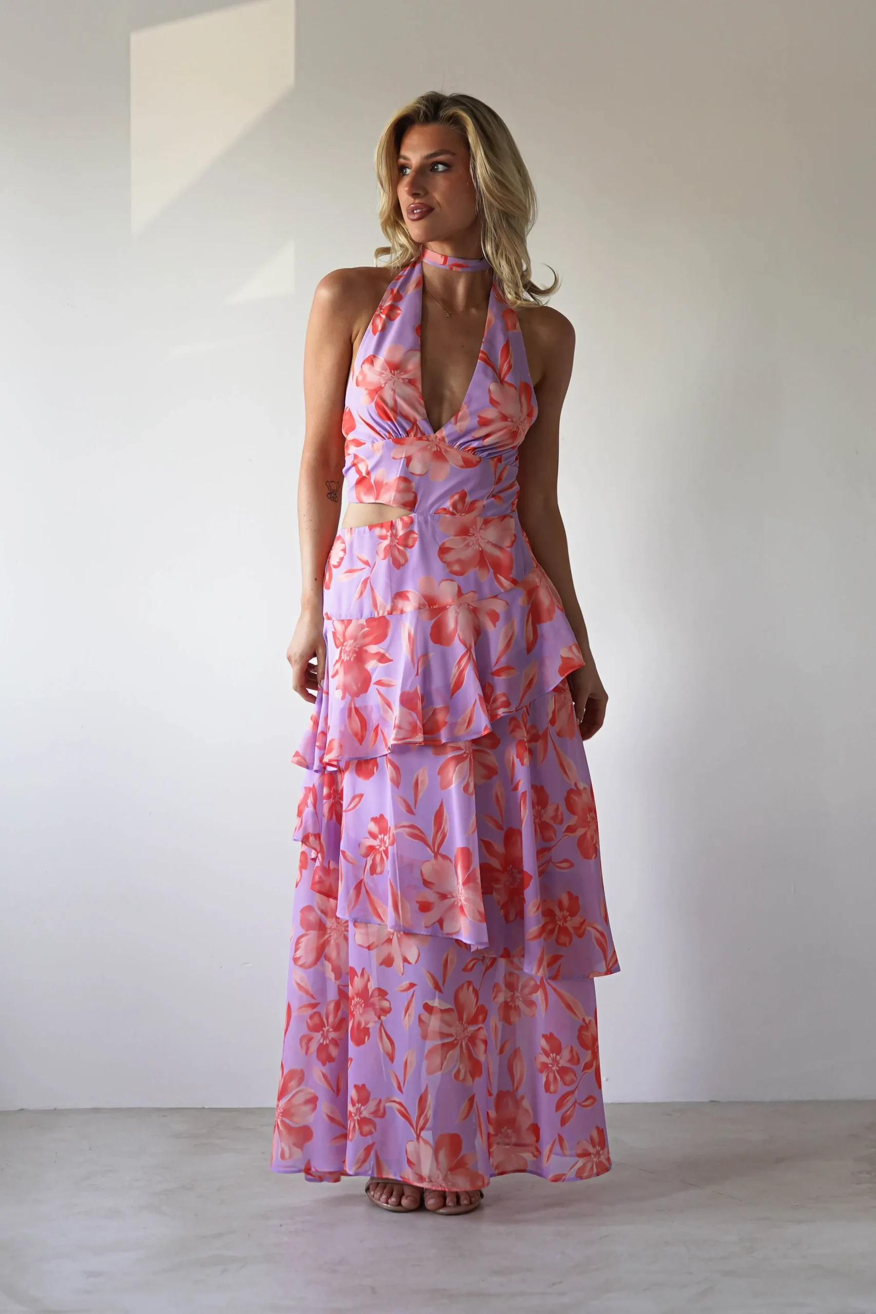 Lohan Ruffle Floral Maxi Print Dress | Lilac