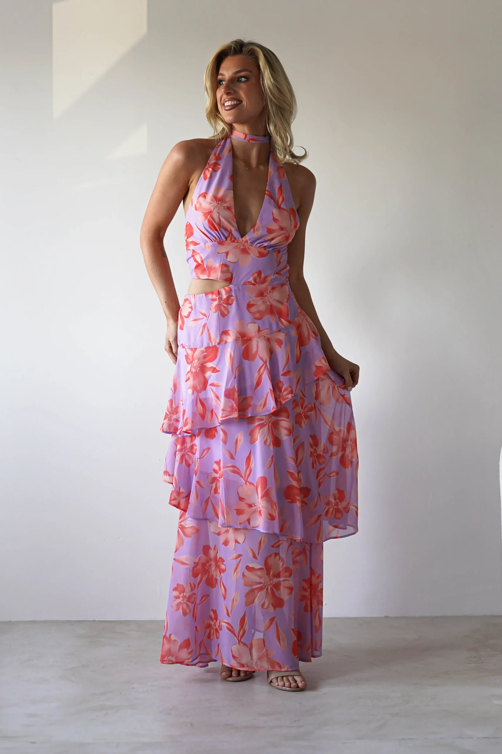 Lohan Ruffle Floral Maxi Print Dress | Lilac