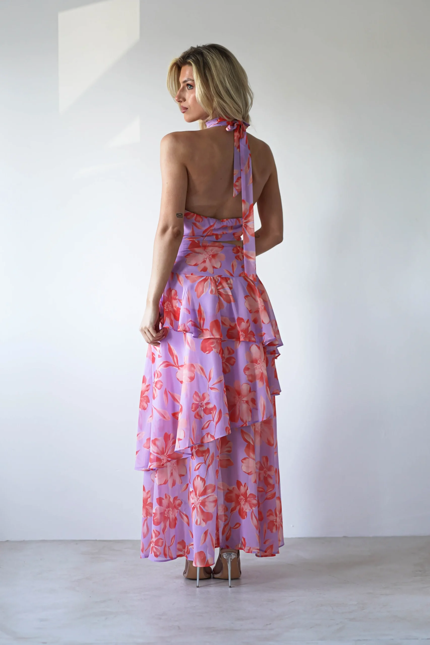 Lohan Ruffle Floral Maxi Print Dress | Lilac