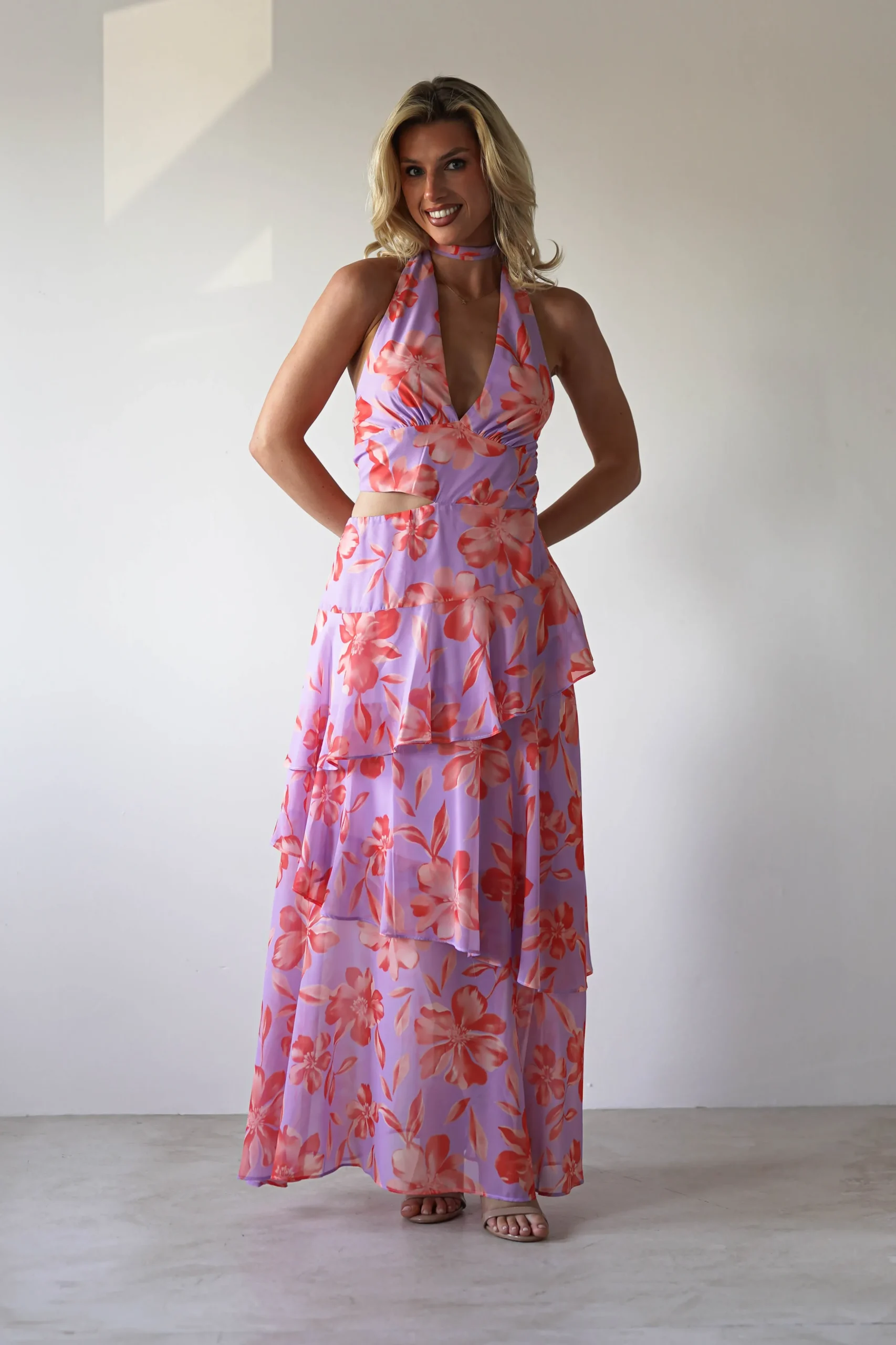Lohan Ruffle Floral Maxi Print Dress | Lilac