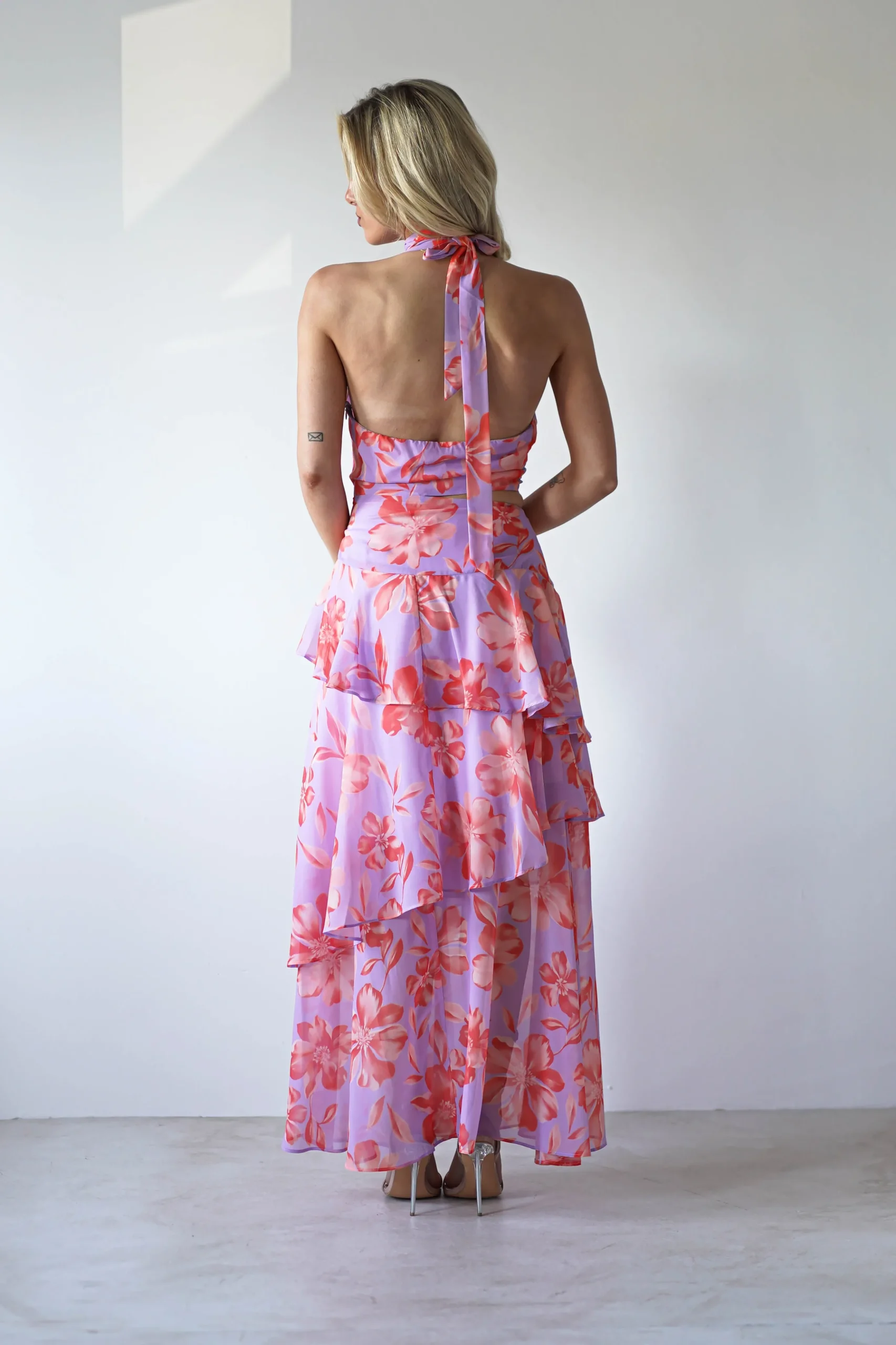 Lohan Ruffle Floral Maxi Print Dress | Lilac