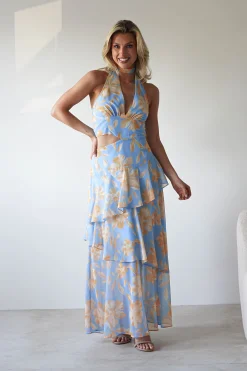 Lohan Ruffle Floral Maxi Print Dress | Blue