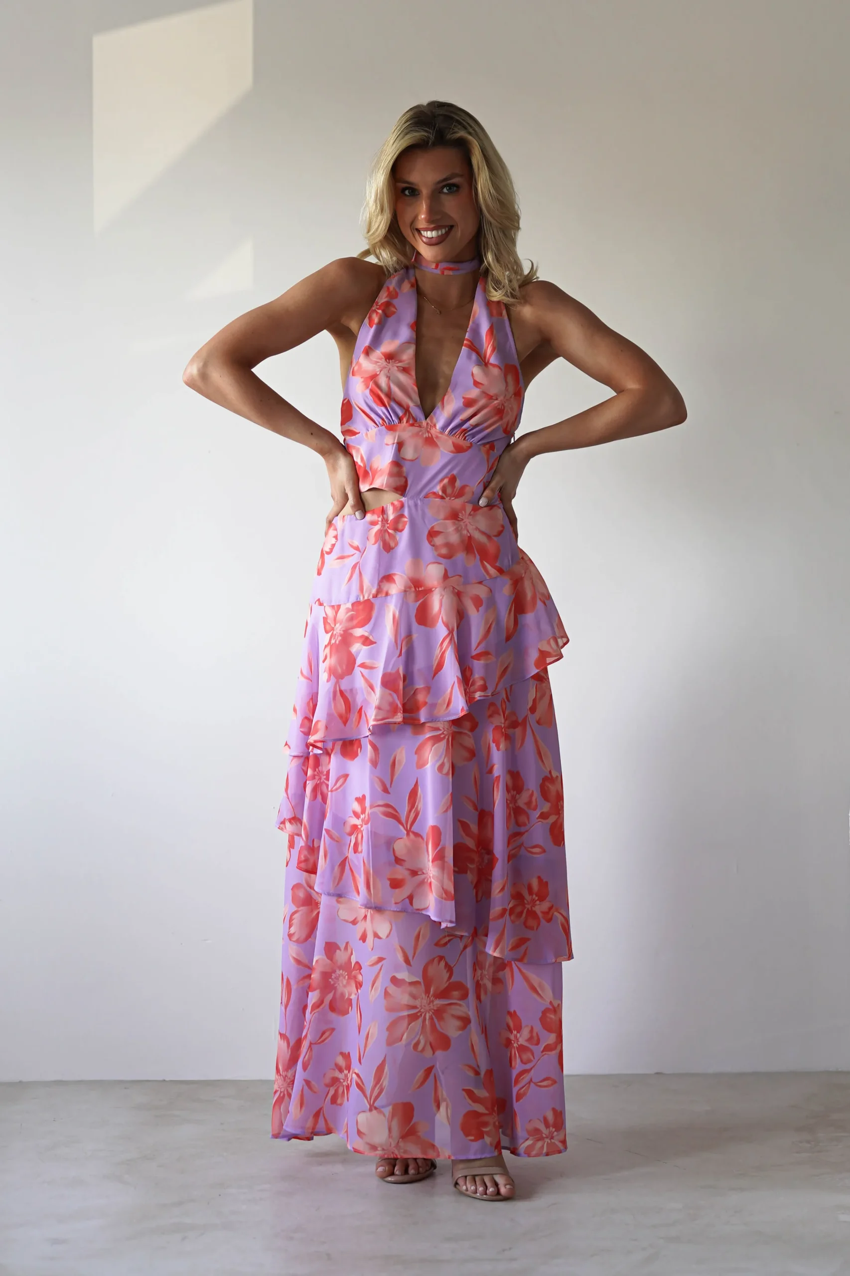 Lohan Ruffle Floral Maxi Print Dress | Lilac