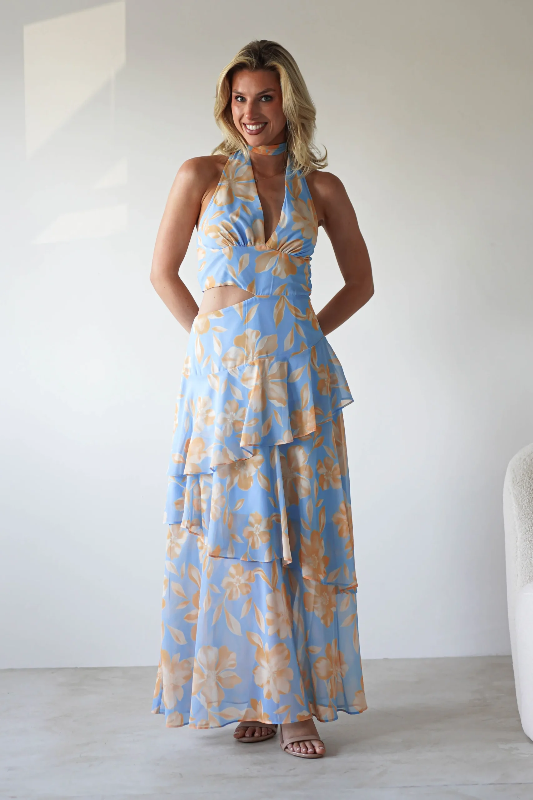 Lohan Ruffle Floral Maxi Print Dress | Blue