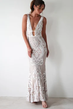 Lorenza Plunge Sequin Gown | Nude/White