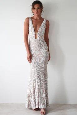 Lorenza Plunge Sequin Gown | Nude/White