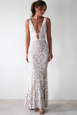 Lorenza Plunge Sequin Gown | Nude/White