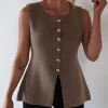 Louella Gold Button Waistcoat Top | Brown