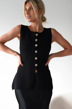 Louella Gold Button Waistcoat Top | Black