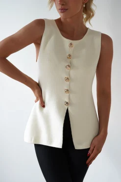 Louella Gold Button Waistcoat Top | Cream