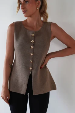 Louella Gold Button Waistcoat Top | Brown