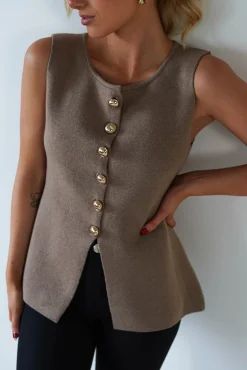 Louella Gold Button Waistcoat Top | Brown
