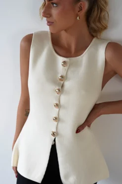 Louella Gold Button Waistcoat Top | Cream
