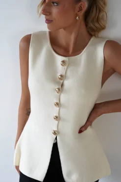 Louella Gold Button Waistcoat Top | Cream