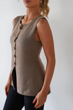 Louella Gold Button Waistcoat Top | Brown