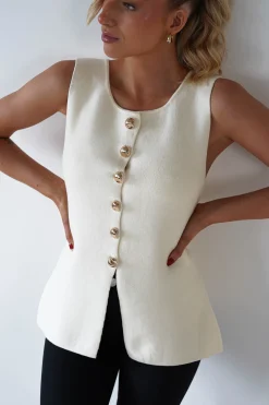Louella Gold Button Waistcoat Top | Cream