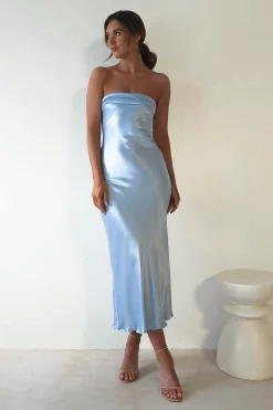 Lucia Soft Satin Slip Midi Dress Blue