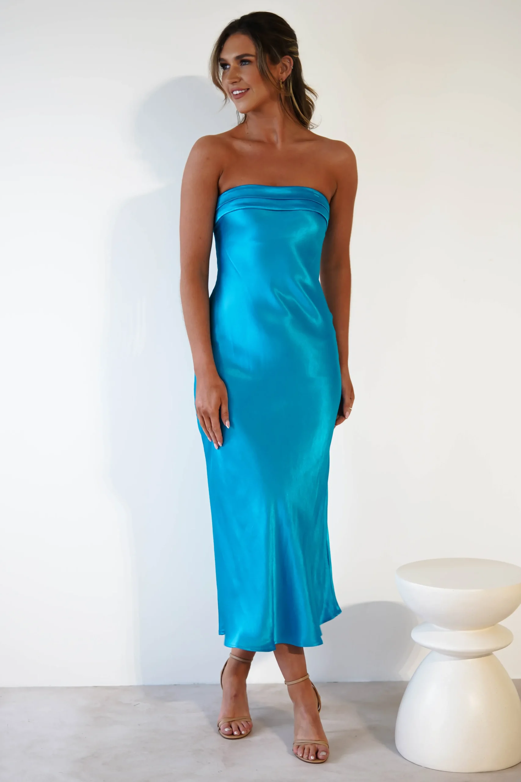 Lucia Soft Satin Slip Midi Dress | Turquoise