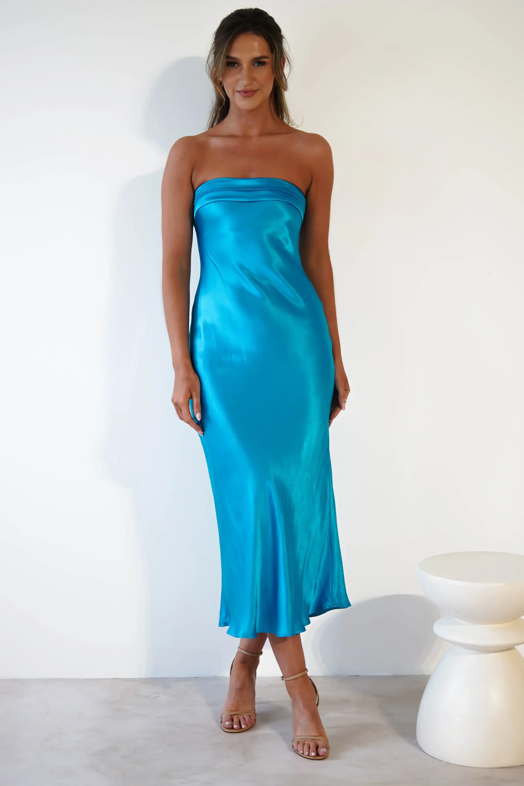 Lucia Soft Satin Slip Midi Dress | Turquoise
