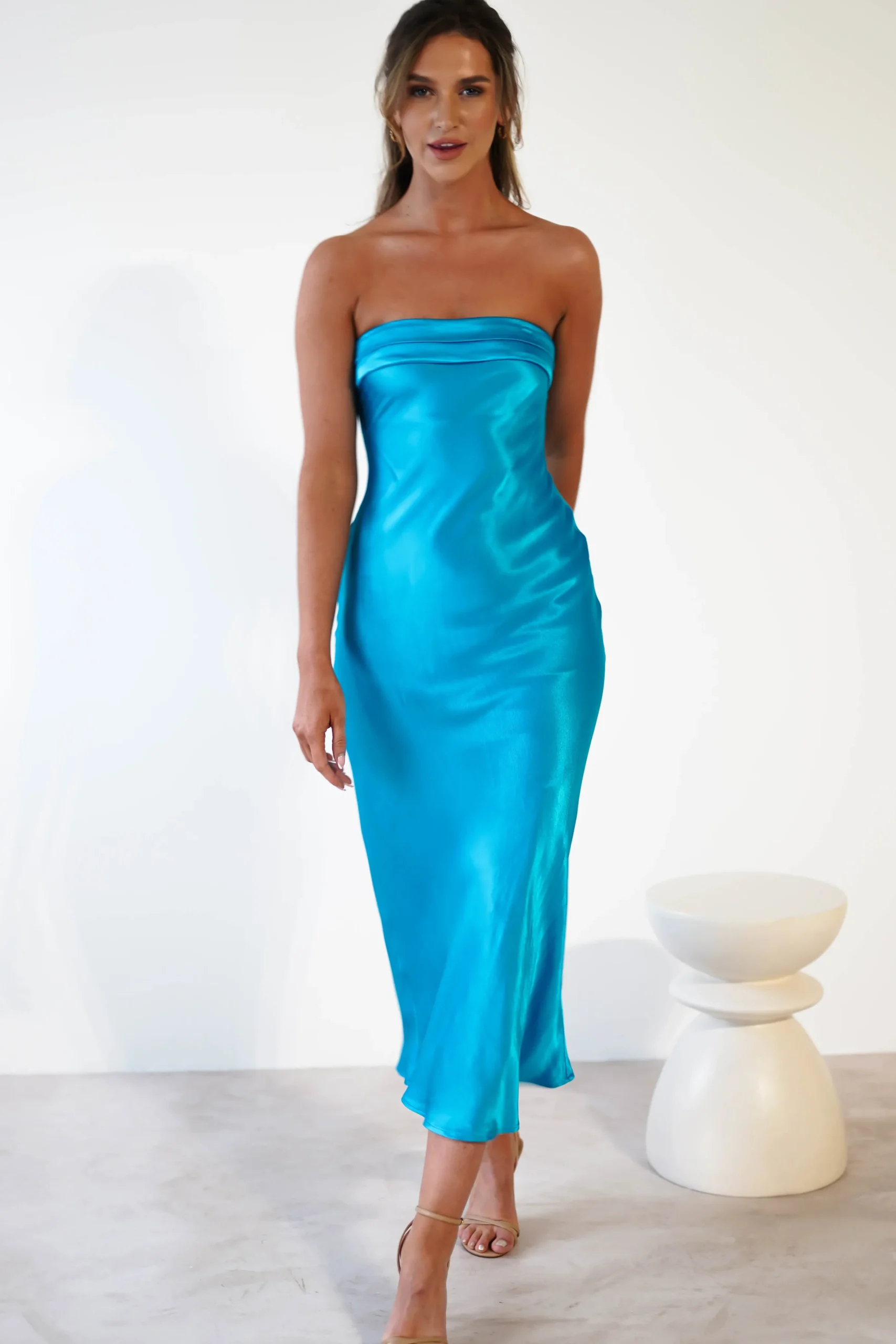 Lucia Soft Satin Slip Midi Dress | Turquoise