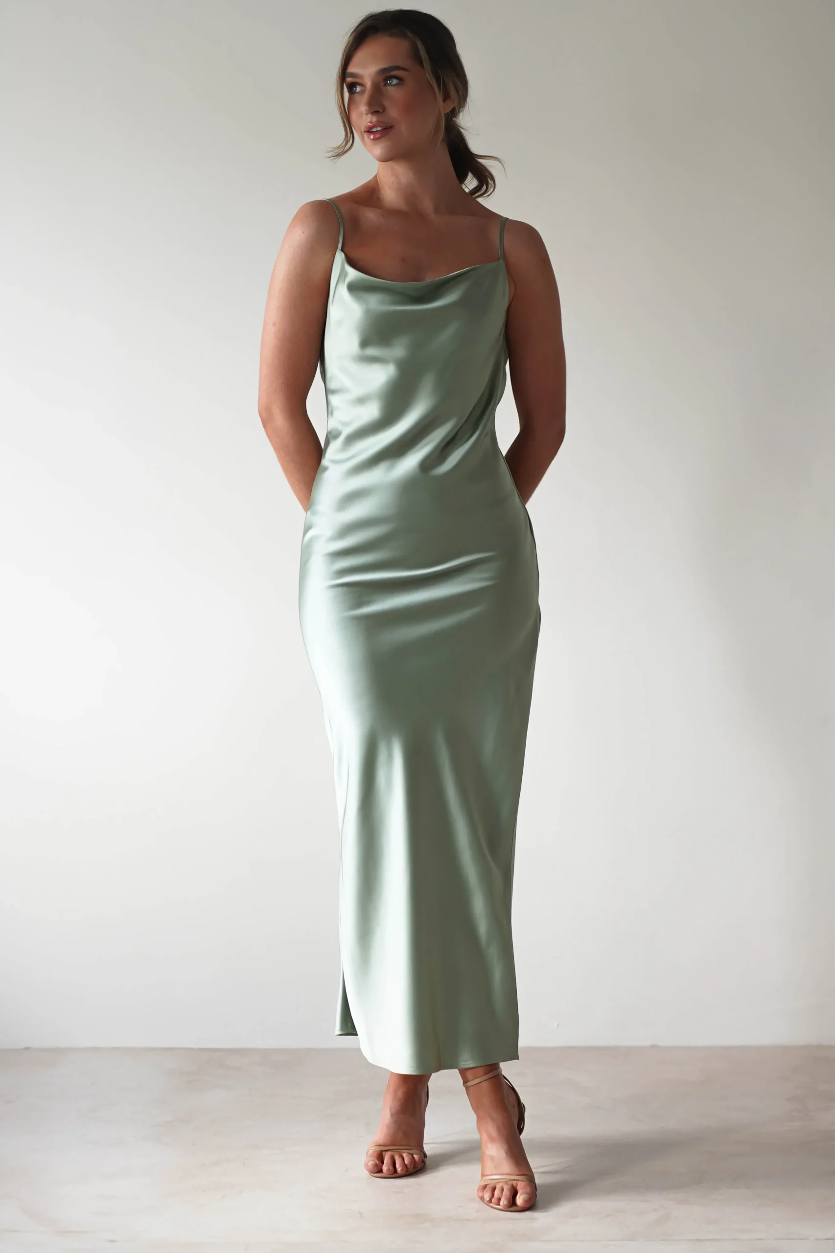 Luiza Low Back Satin Maxi Dress | Sage
