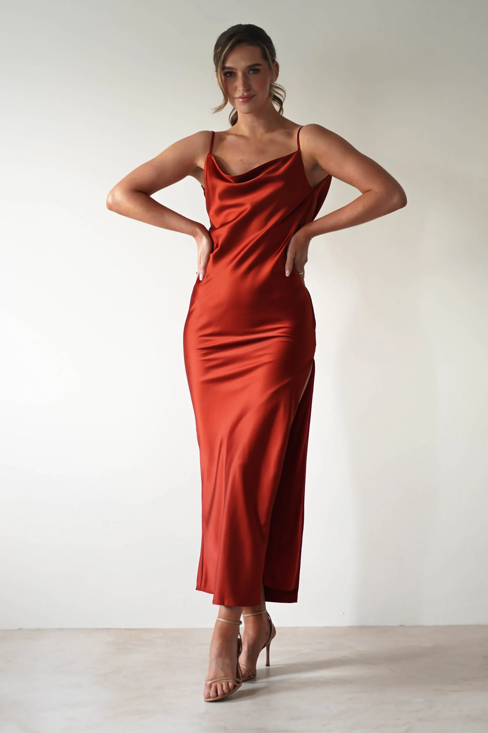 Luiza Low Back Satin Maxi Dress | Rust