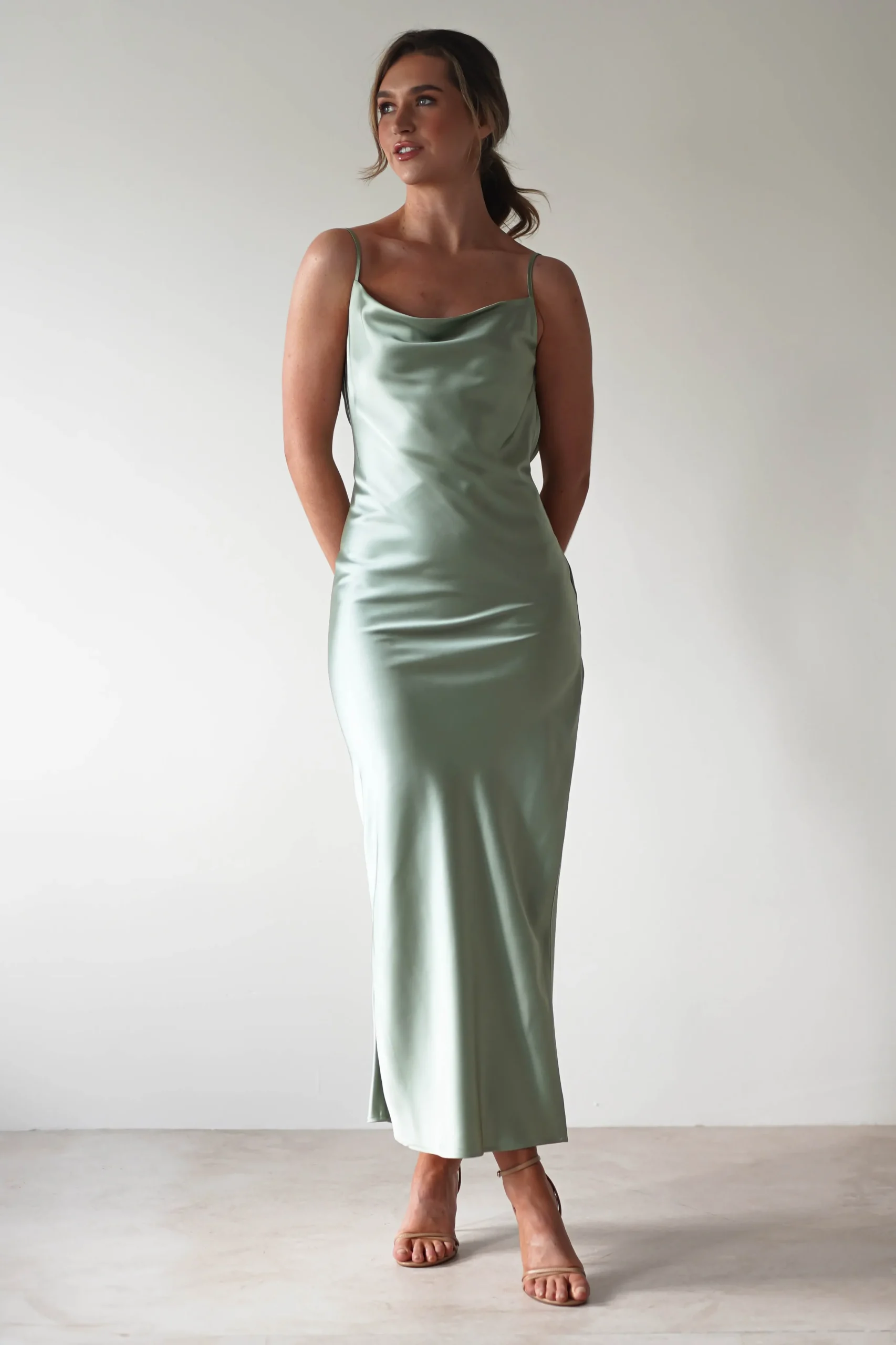 Luiza Low Back Satin Maxi Dress | Sage