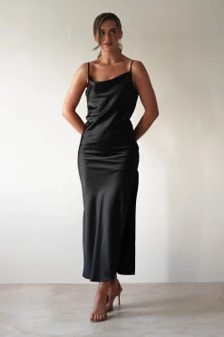 Luiza Low Back Satin Maxi Dress | Black