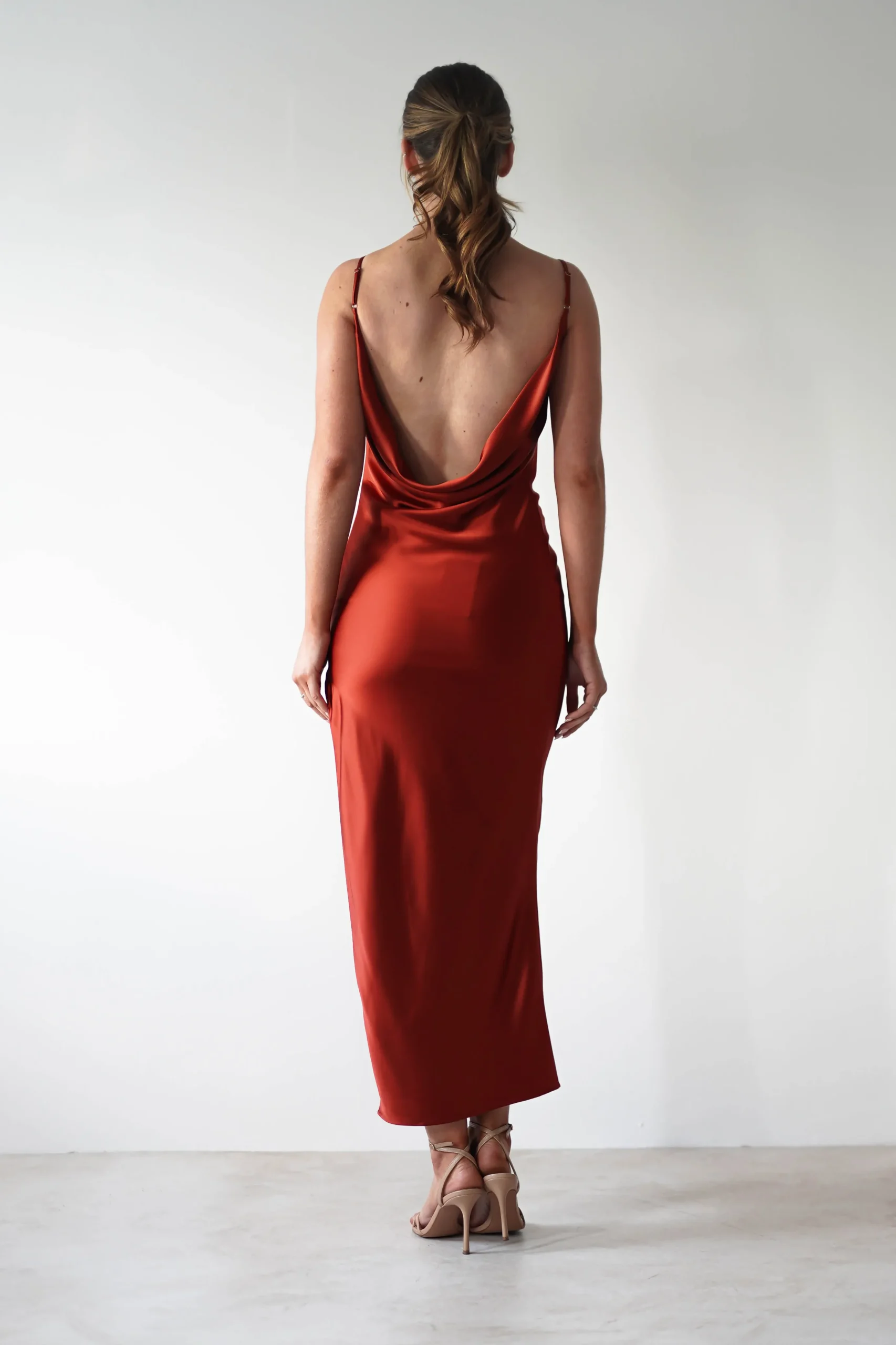 Luiza Low Back Satin Maxi Dress | Rust