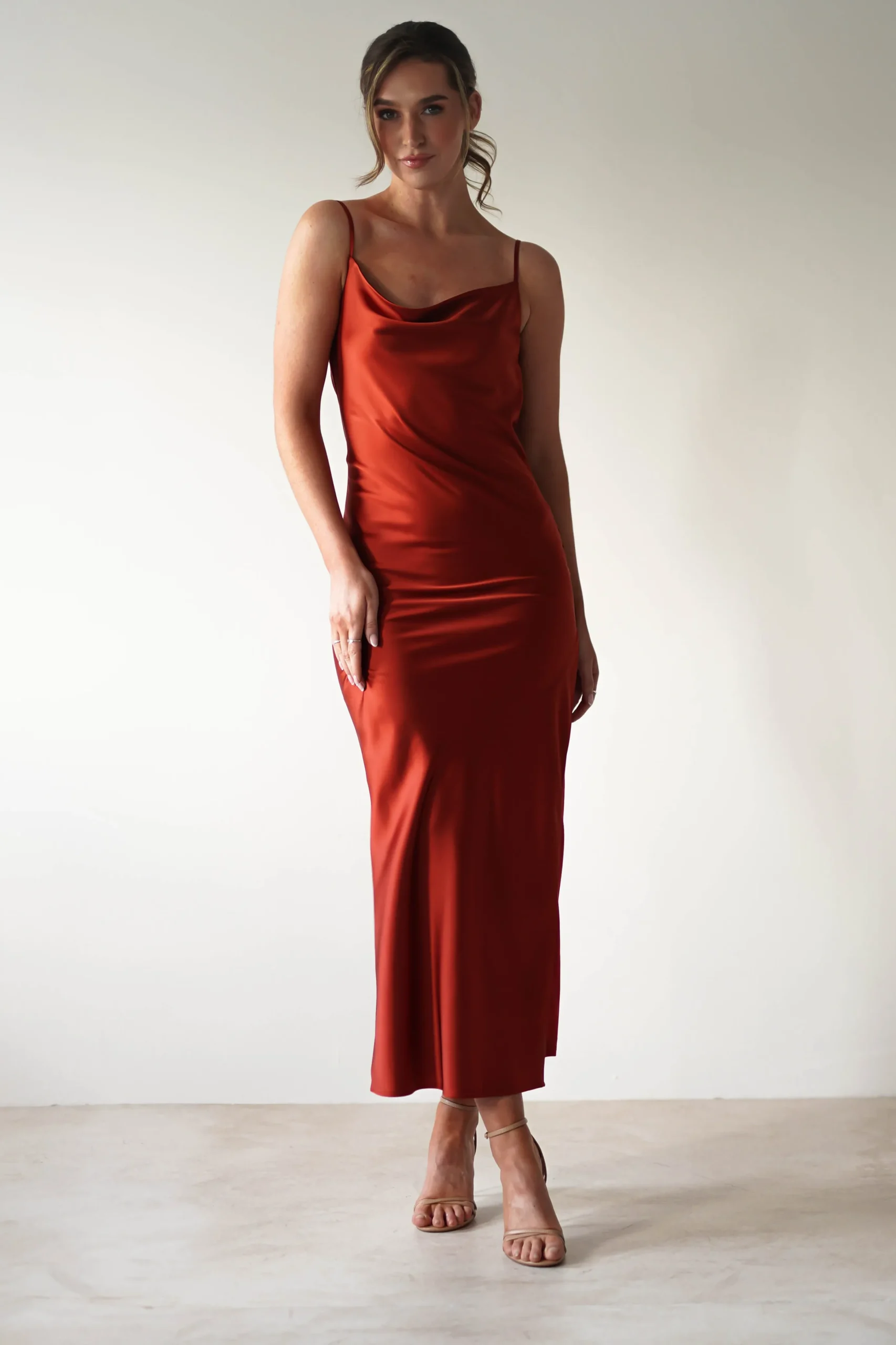 Luiza Low Back Satin Maxi Dress | Rust