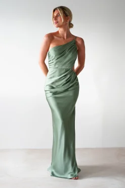 Lyra Soft Matte Satin Maxi Dress | Olive
